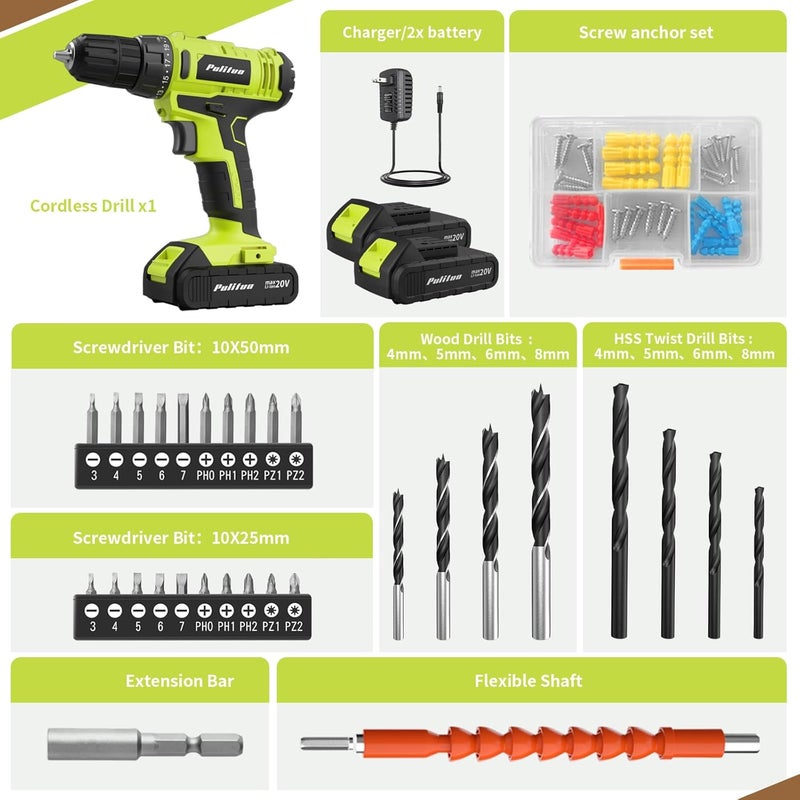 PULITUO 'S 20V Cordless Drill/Driver, Electric Screwdriver - 2 Batteries, 30Nm, 21+1 Torque, 2 Speed, Keyless 3/8" Chase Drill with LED Light, Kit for Home (Green) - Image 2